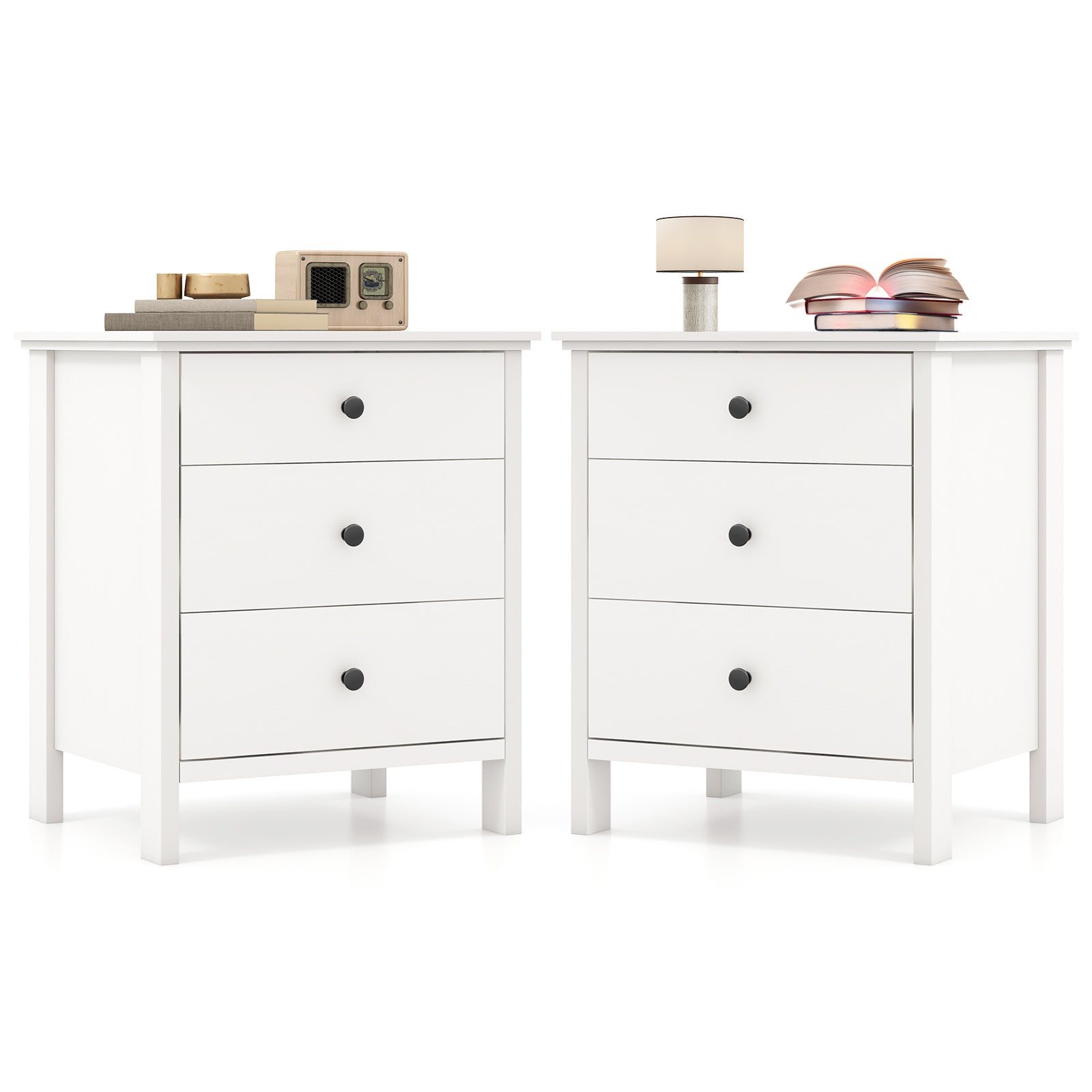 Set of 2 Nightstand with 3 Drawer for Bedroom Compact Storage Chest-White