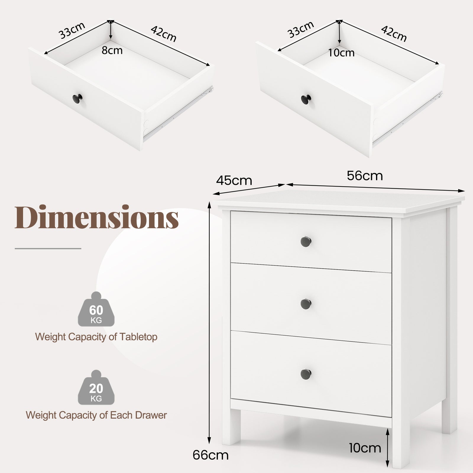 Set of 2 Nightstand with 3 Drawer for Bedroom Compact Storage Chest-White