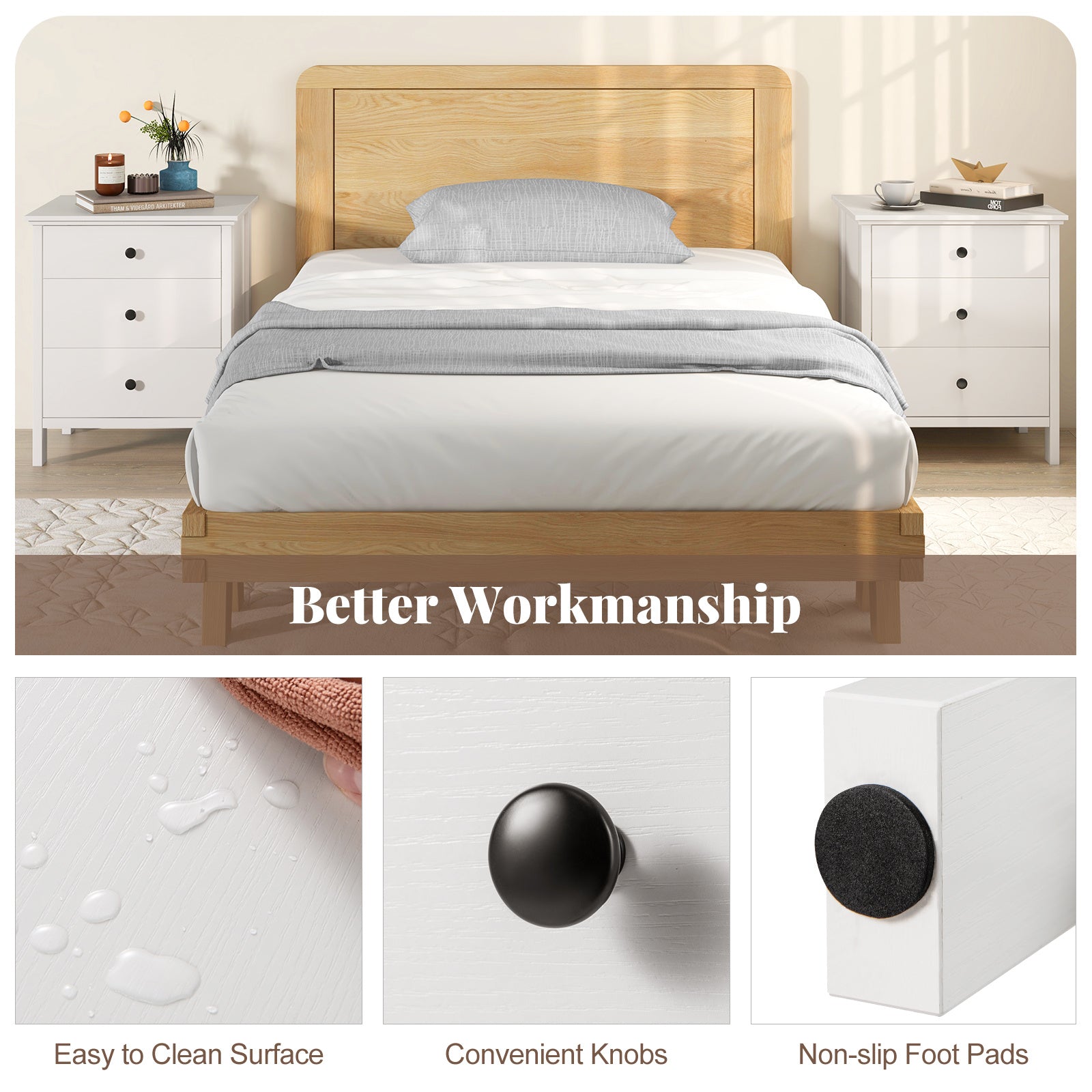 Set of 2 Nightstand with 3 Drawer for Bedroom Compact Storage Chest-White