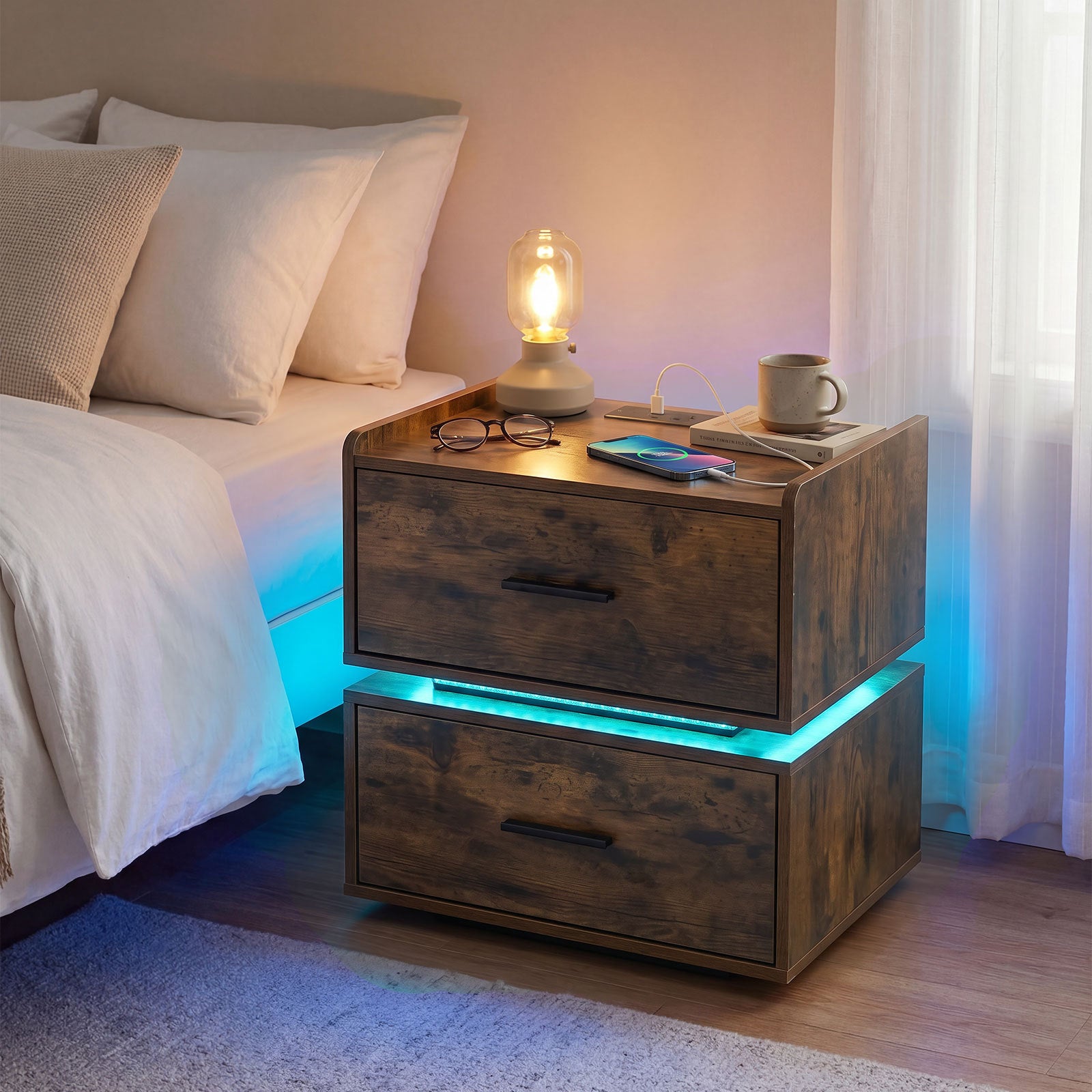 Set of 2 Nightstand with Charging Station and 2 Storage Drawers-Rustic Brown