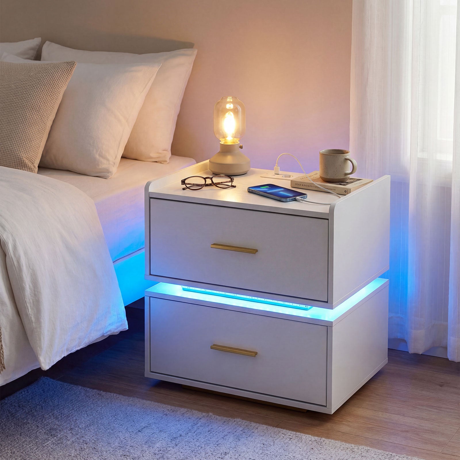 Set of 2 Nightstand with Charging Station and 2 Storage Drawers-White