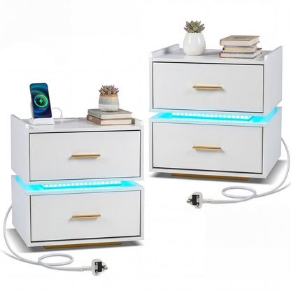 Set of 2 Nightstand with Charging Station and 2 Storage Drawers-White