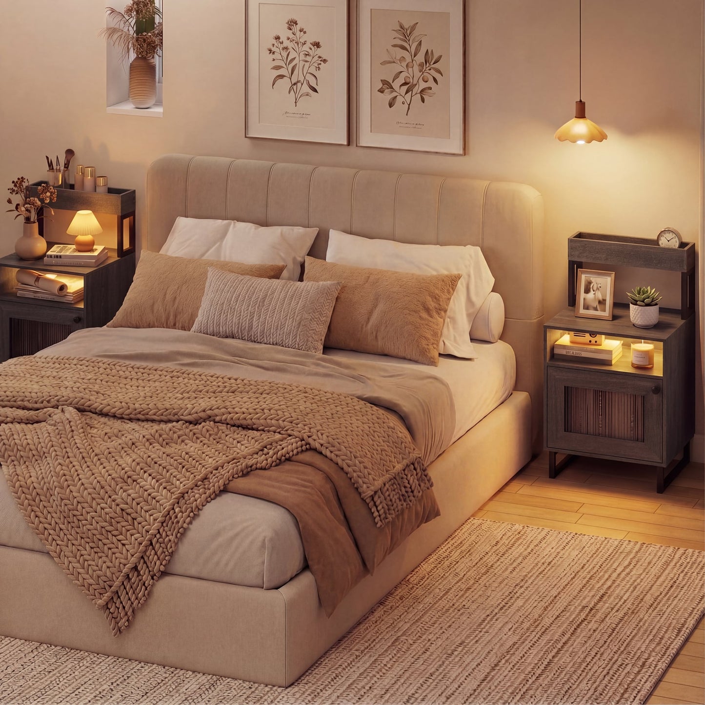Set of 2 Nightstand with LED Lights Modern End Table with Top Tray-Gray