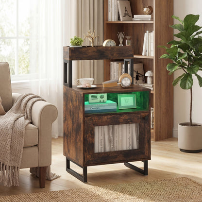 Set of 2 Nightstand with LED Lights Modern End Table with Top Tray-Rustic Brown