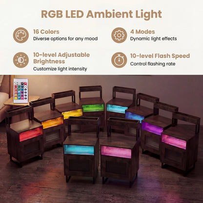 Set of 2 Nightstand with LED Lights Modern End Table with Top Tray-Rustic Brown