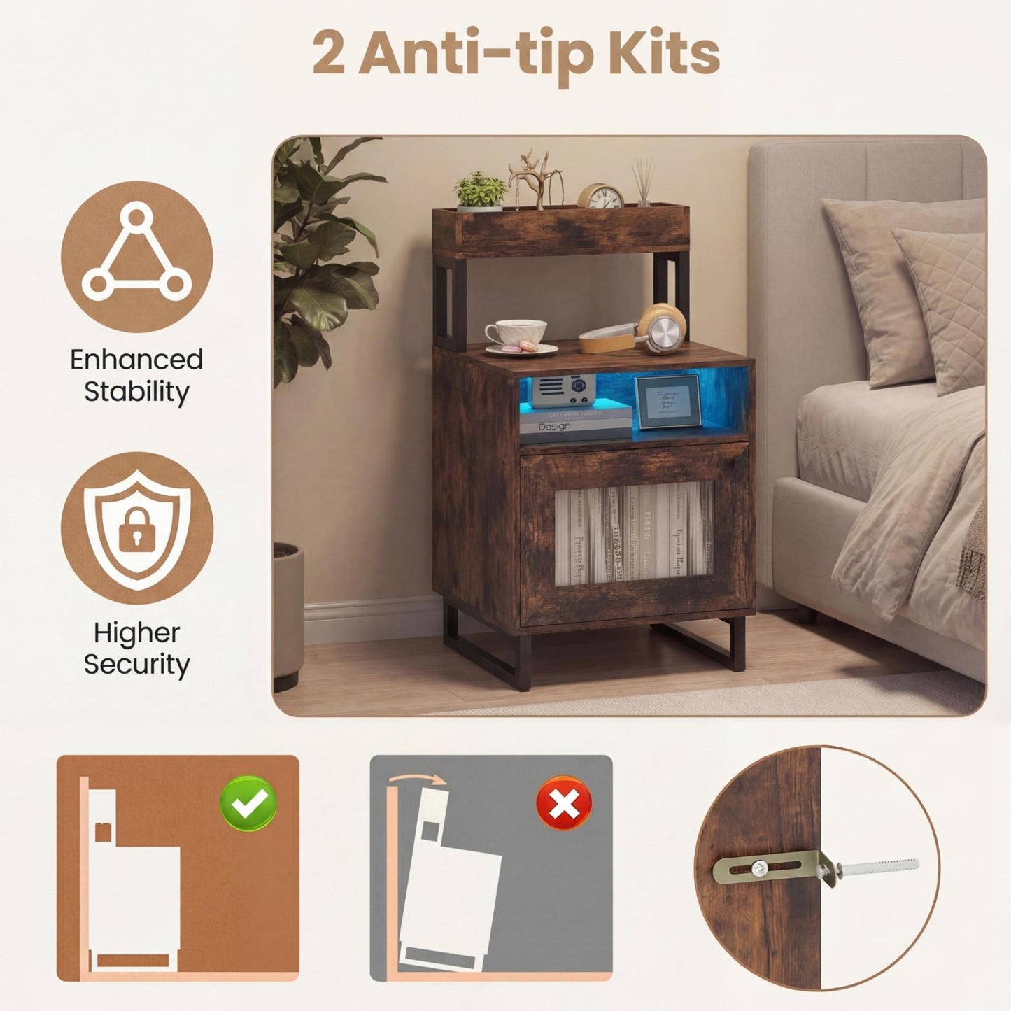Set of 2 Nightstand with LED Lights Modern End Table with Top Tray-Rustic Brown