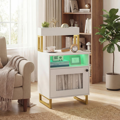 Set of 2 Nightstand with LED Lights Modern End Table with Top Tray-White