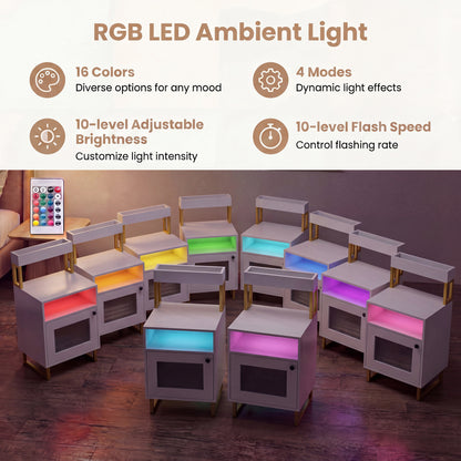 Set of 2 Nightstand with LED Lights Modern End Table with Top Tray-White