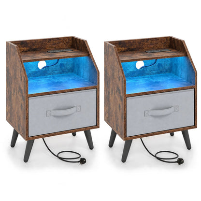 Set of 2 Nightstand with LED Lights and Power Outlets for Bedroom-Rustic Brown