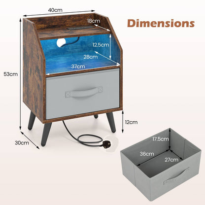 Set of 2 Nightstand with LED Lights and Power Outlets for Bedroom-Rustic Brown