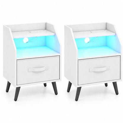 Set of 2 Nightstand with LED Lights and Power Outlets for Bedroom-White