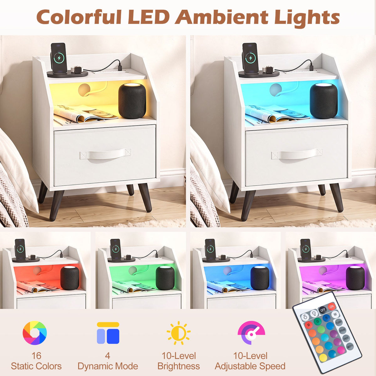Set of 2 Nightstand with LED Lights and Power Outlets for Bedroom-White