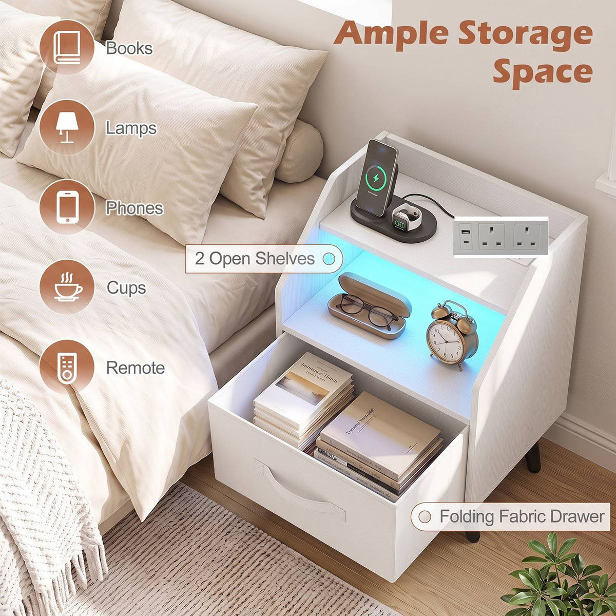 Set of 2 Nightstand with LED Lights and Power Outlets for Bedroom-White