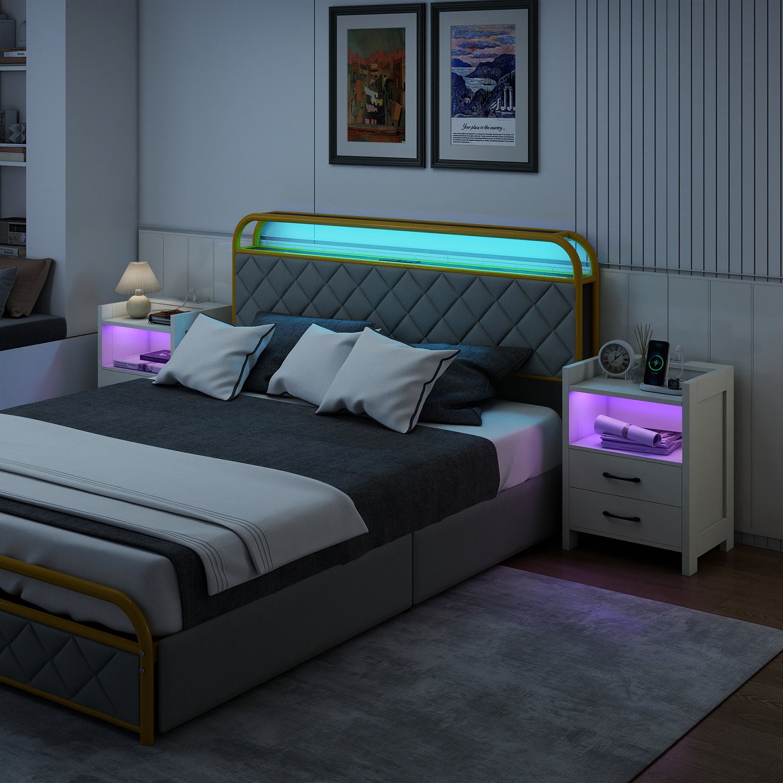 Set of 2 Nightstand with LED Lights and Power Outlets for Living Room-White