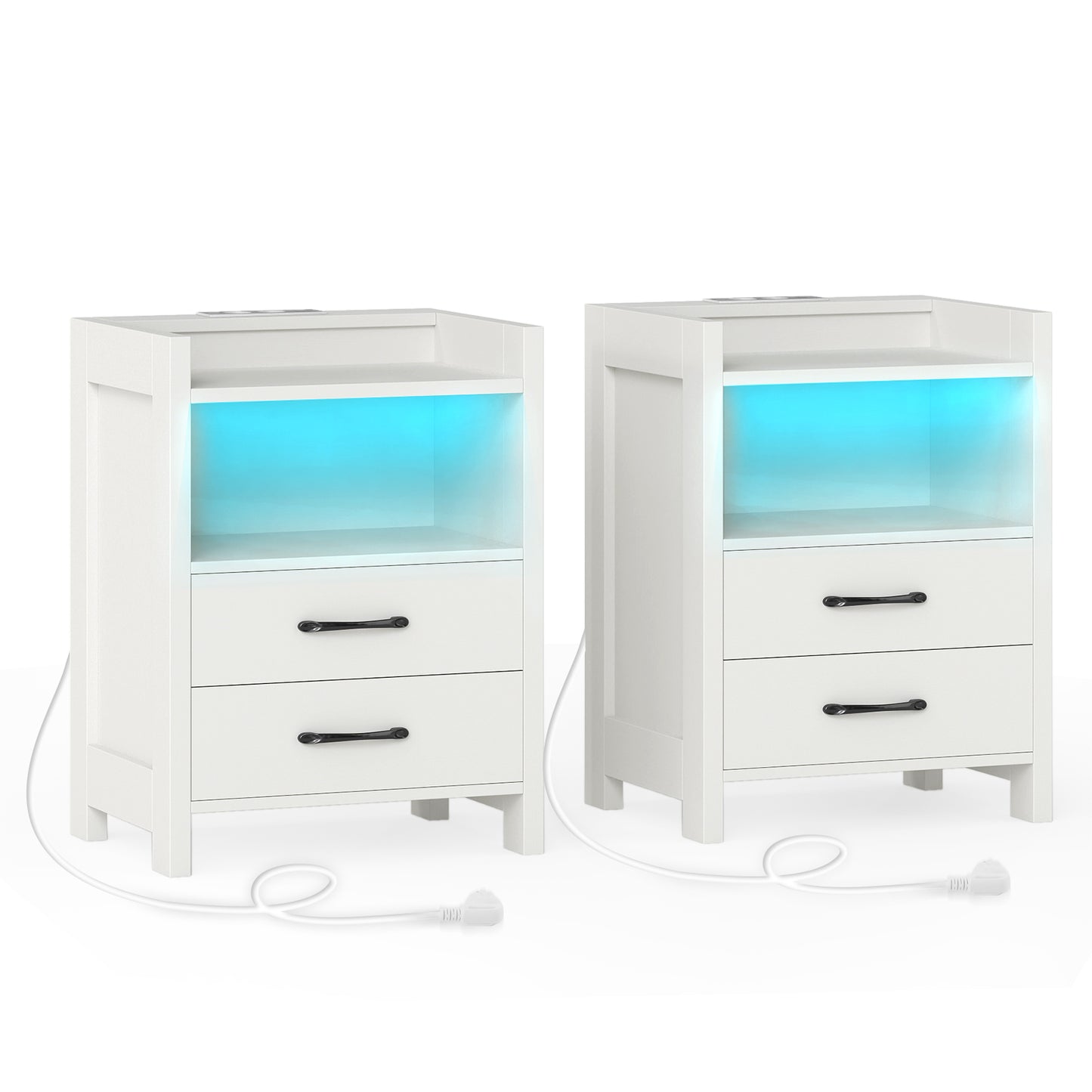 Set of 2 Nightstand with LED Lights and Power Outlets for Living Room-White