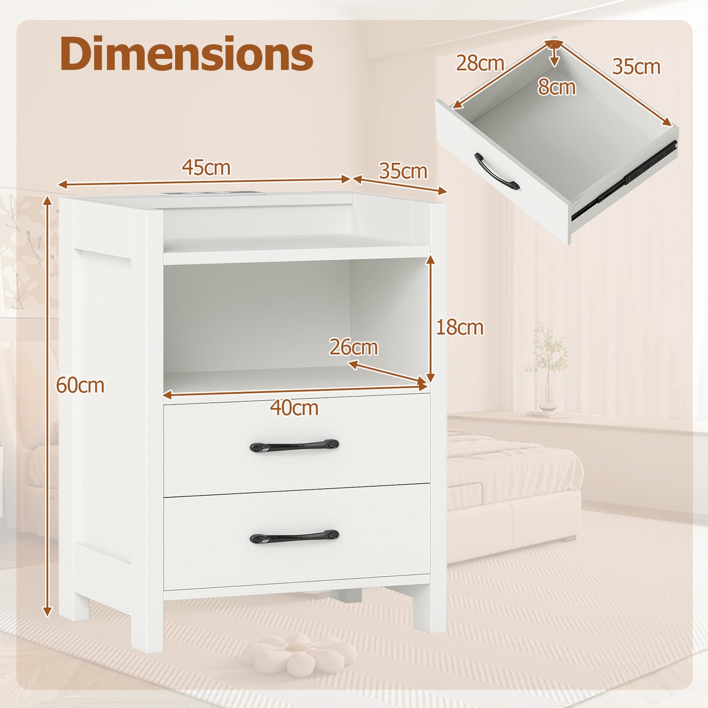 Set of 2 Nightstand with LED Lights and Power Outlets for Living Room-White