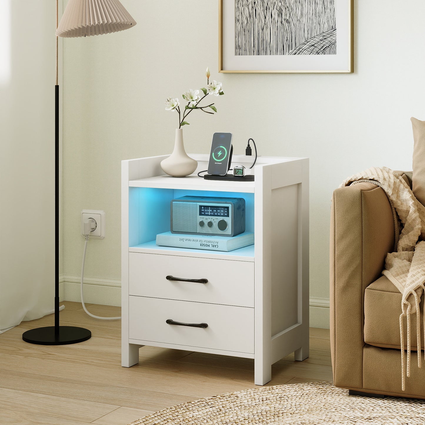 Set of 2 Nightstand with LED Lights and Power Outlets for Living Room-White