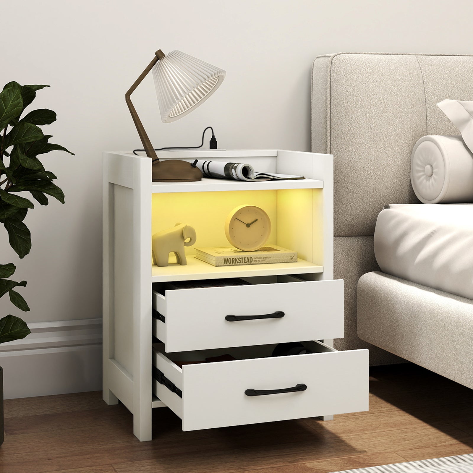 Set of 2 Nightstand with LED Lights and Power Outlets for Living Room-White