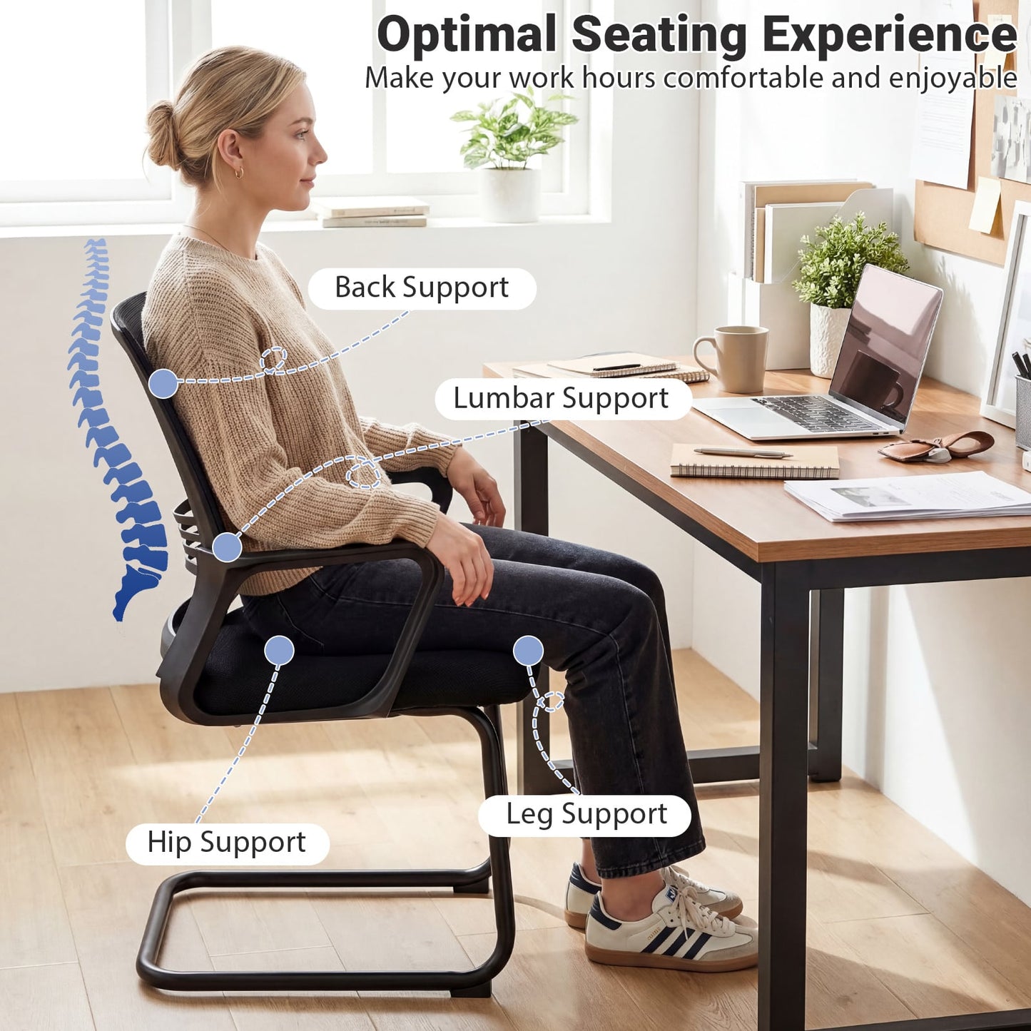 Set of 2 Office Guest Chair with Lumbar Support and Mesh Back for Reception-black