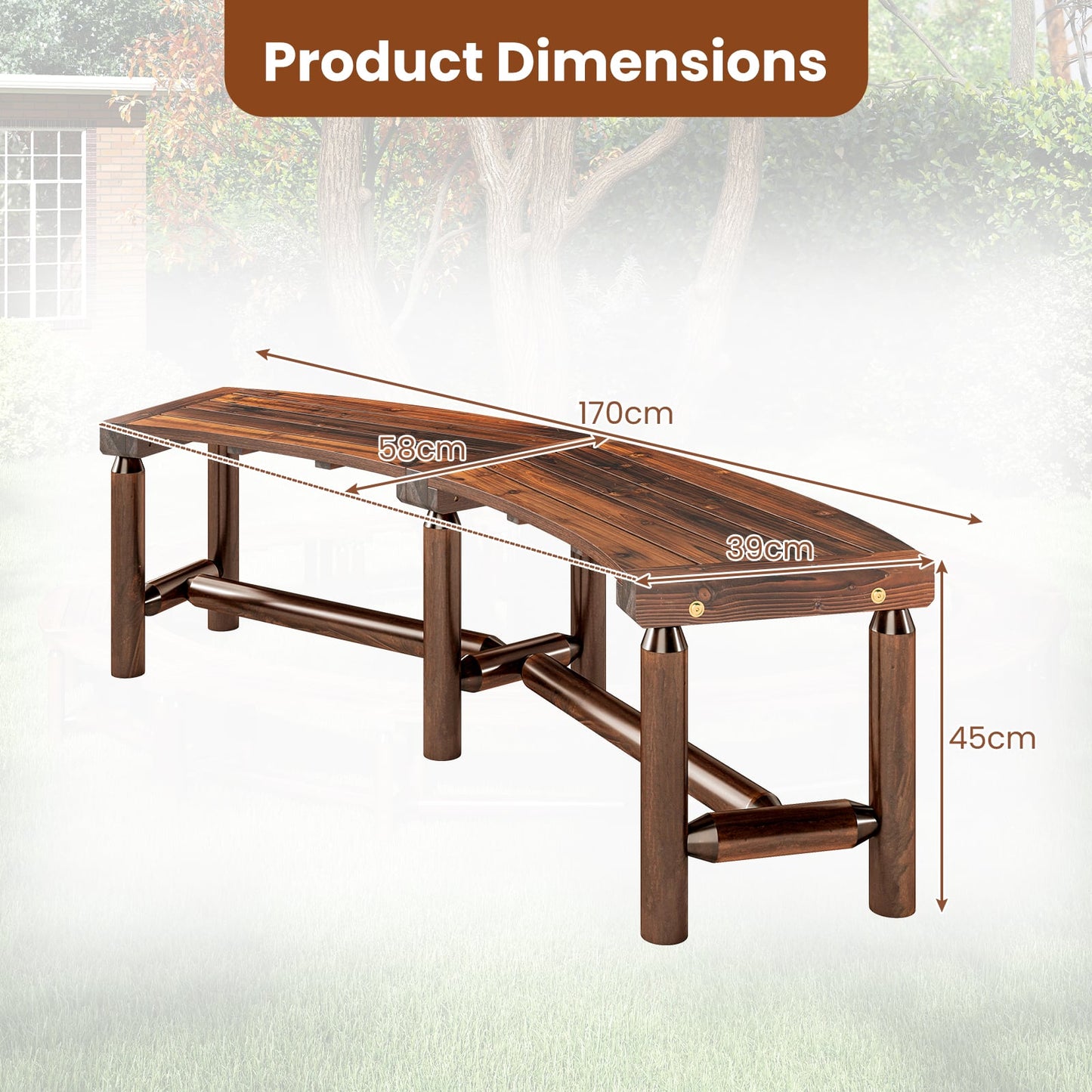 Set of 2 Patio Curved Bench Solid Wood Fire Pit Bench for 2-3 People Outdoor Backless Loveseat-Brown