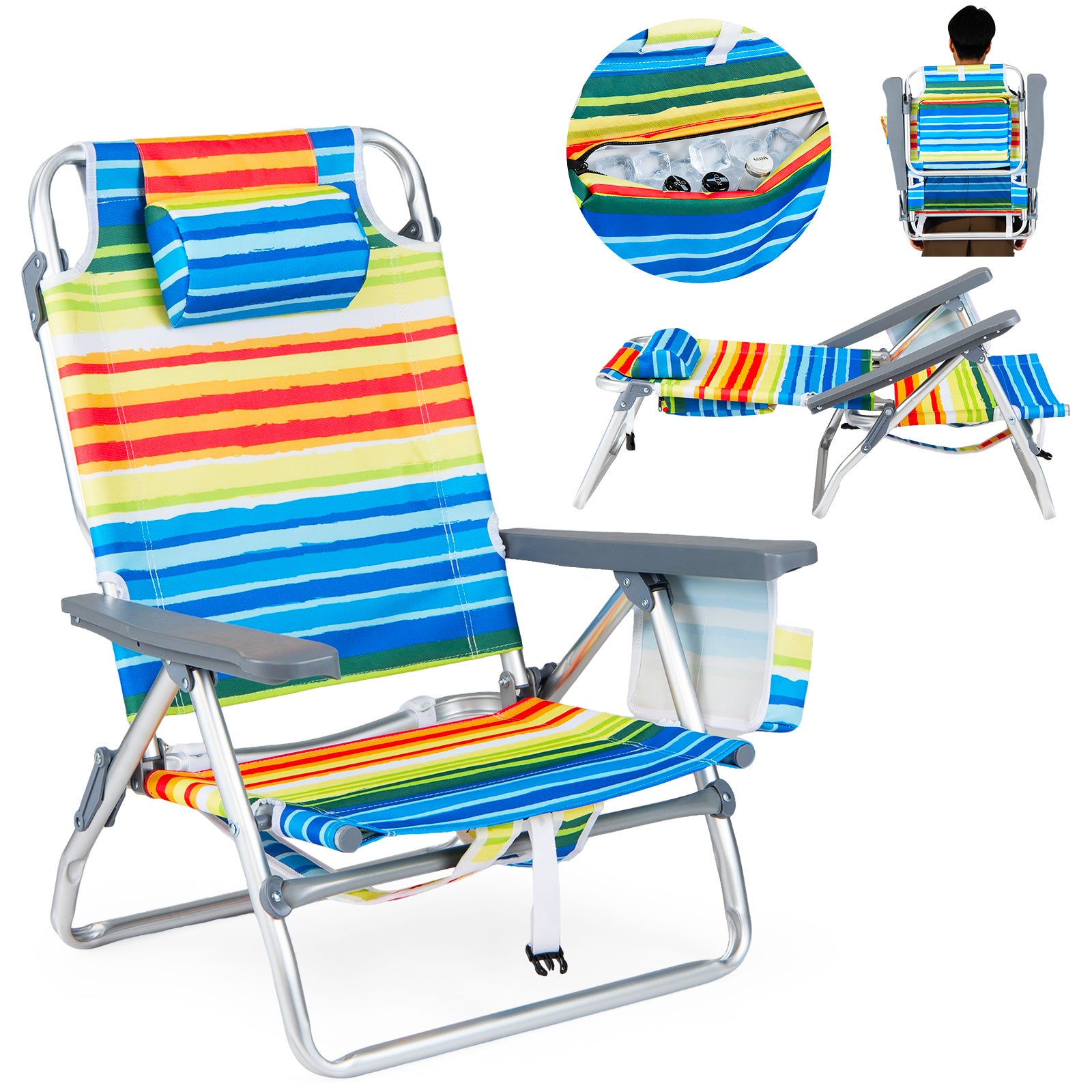 Set of 2 PortableBeach Chairs with 5-Position Backrest and Padded Headrest-Multicolor