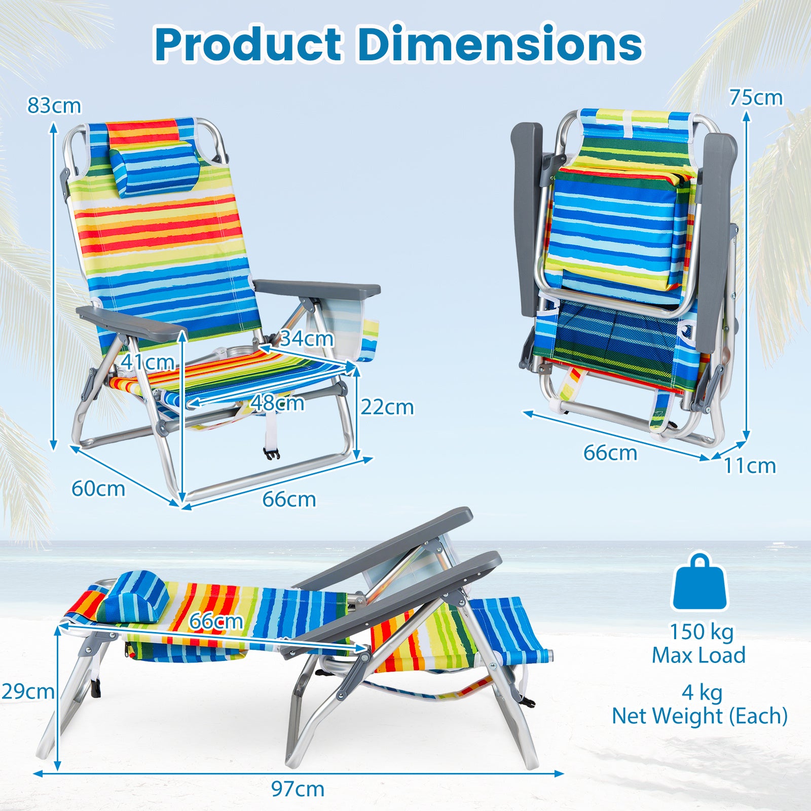 Set of 2 PortableBeach Chairs with 5-Position Backrest and Padded Headrest-Multicolor