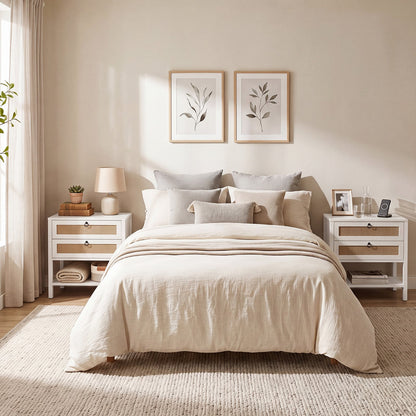 Set of 2 Rattan Nightstand 68 cm with 2 Drawers for Living Room Bedroom-White