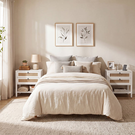 Set of 2 Rattan Nightstand 68 cm with 2 Drawers for Living Room Bedroom-White
