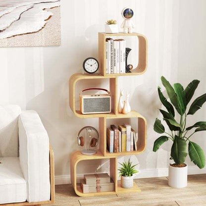 Set of 2 S-Shaped Bookcase Bamboo Bookshelf with 2 Open Cubes-4-Tier