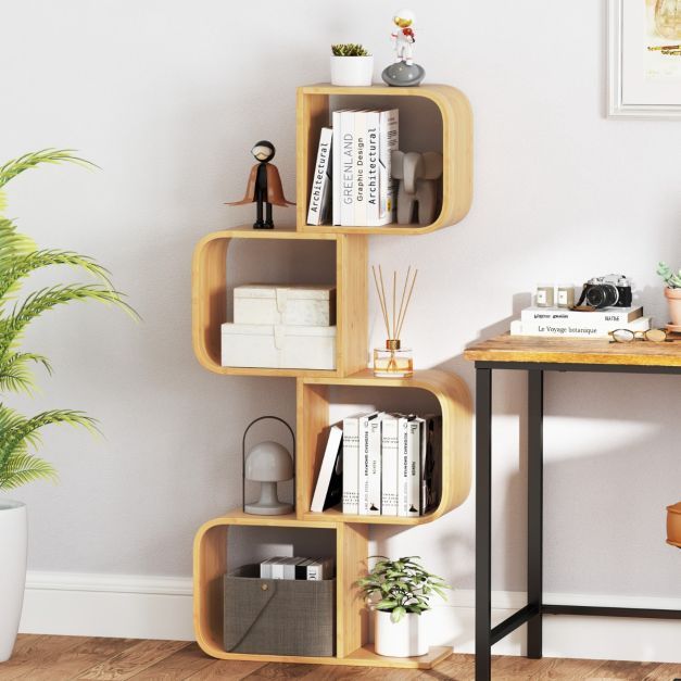 Set of 2 S-Shaped Bookcase Bamboo Bookshelf with 2 Open Cubes-4-Tier