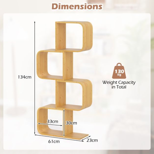 Set of 2 S-Shaped Bookcase Bamboo Bookshelf with 2 Open Cubes-4-Tier