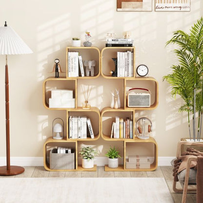 Set of 2 S-Shaped Bookcase Bamboo Bookshelf with 2 Open Cubes-4-Tier