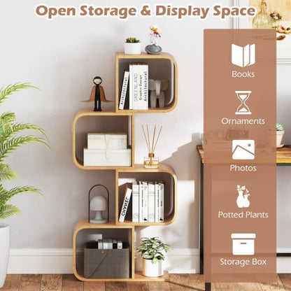 Set of 2 S-Shaped Bookcase Bamboo Bookshelf with 2 Open Cubes-4-Tier