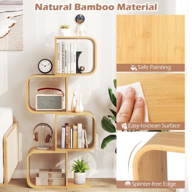 Set of 2 S-Shaped Bookcase Bamboo Bookshelf with 2 Open Cubes-4-Tier