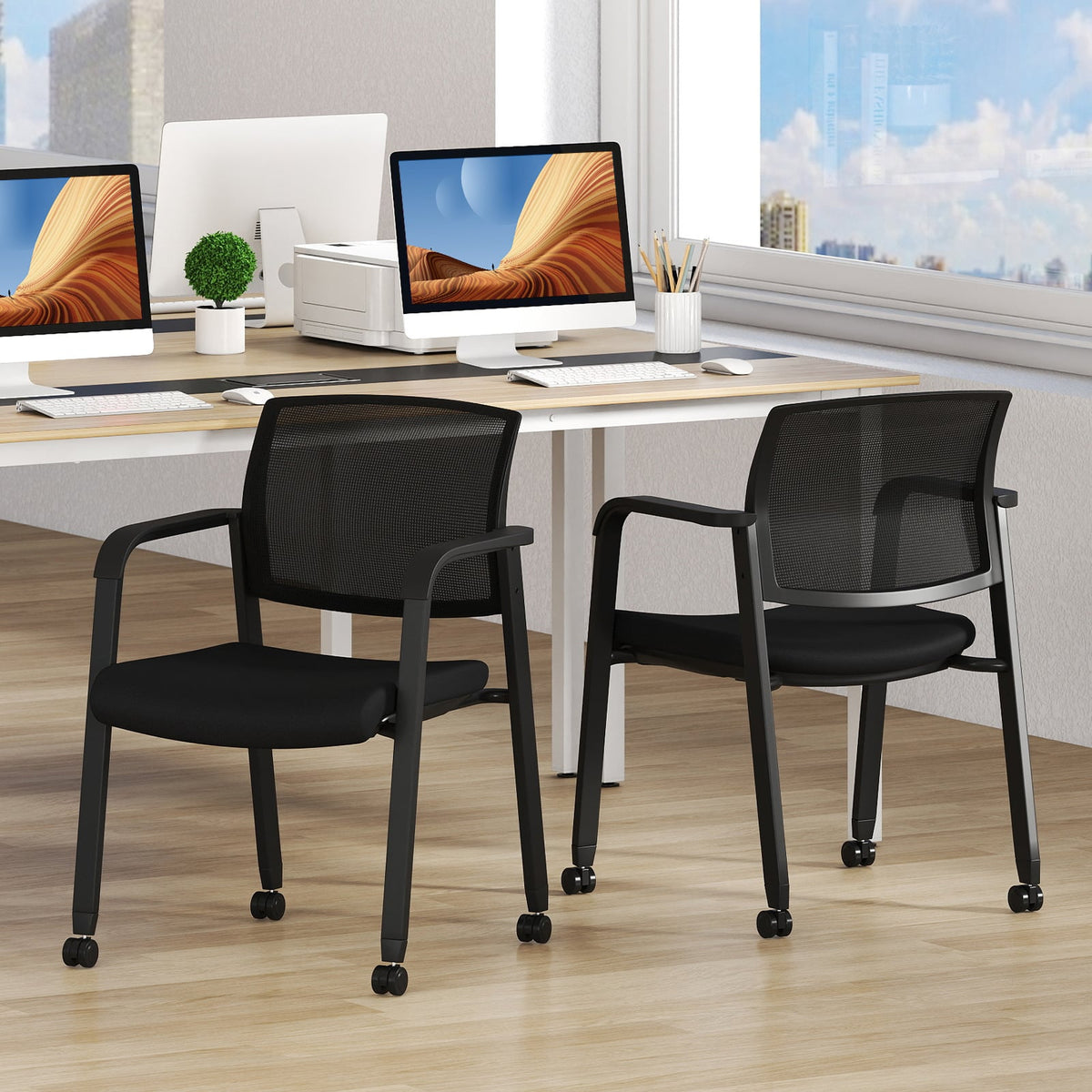 Set of 2 Stackable Conference Room Chairs with Wheels for Home Office-Black