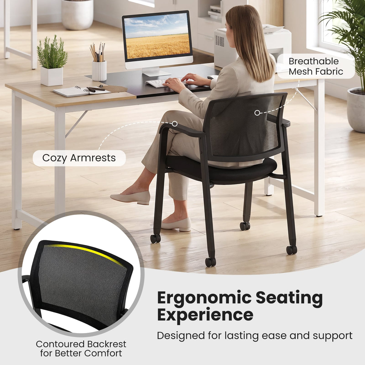 Set of 2 Stackable Conference Room Chairs with Wheels for Home Office-Black