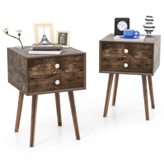 Set of 2 Wooden Nightstand with Rubber Wood Legs-Rustic Brown