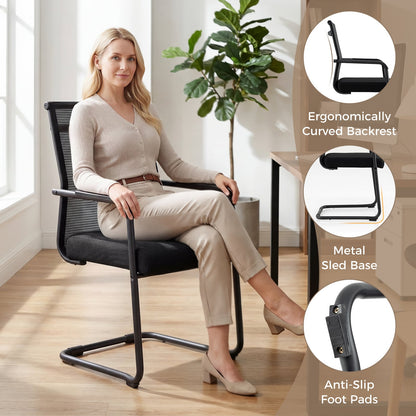 Set of 4 Executive Office Guest Chairs with Metal Sled Base-Grey