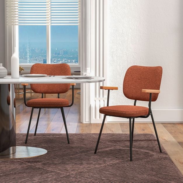 Set of 4 Linen Fabric Upholstered Dining Chairs with Curved Backrest