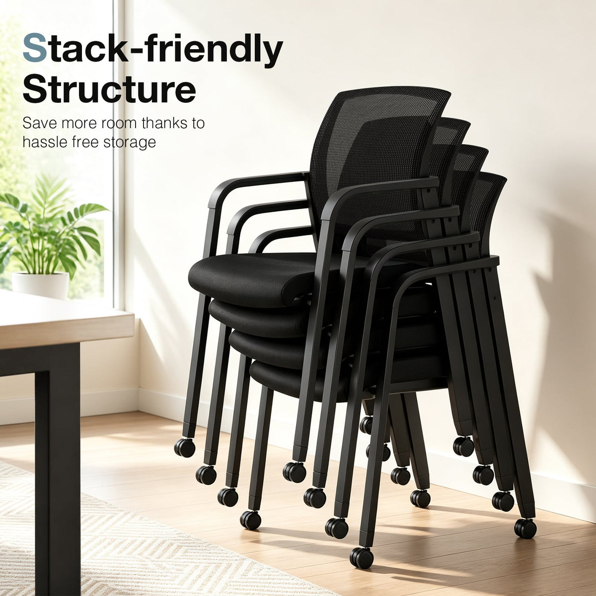 Set of 4 Stackable Conference Room Chairs with Wheels for Home Office-Black