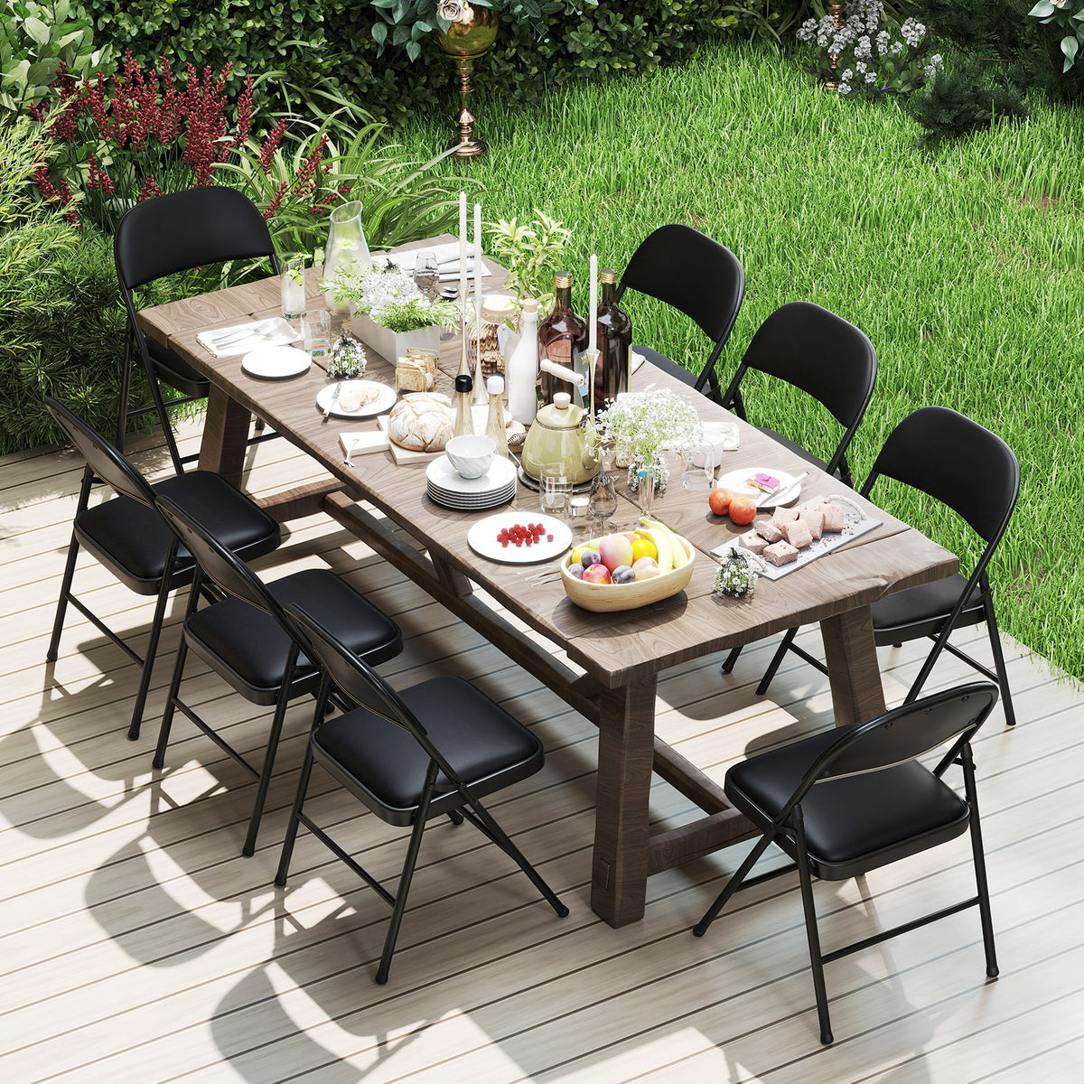 Set of 6 Folding Padded Party PVC Leather Stackable Chairs-Black