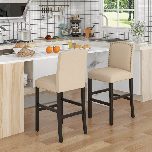Set of 2 Bar Chair with Rubber Wood Legs for Home and Pub-Beige