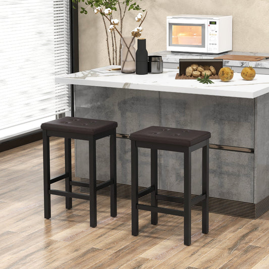 Set of 2 Bar Stools with Padded Seat and Footrest-Brown