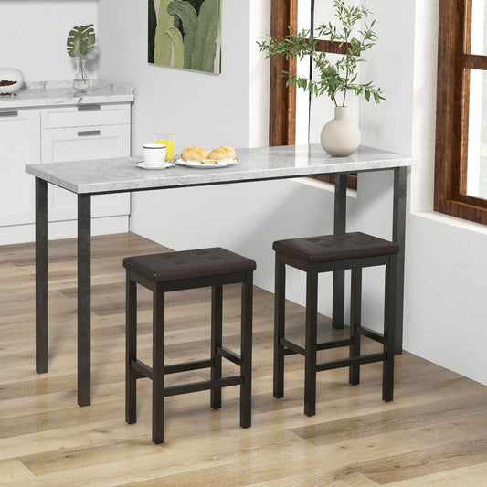 Set of 2 Bar Stools with Padded Seat and Footrest-Brown