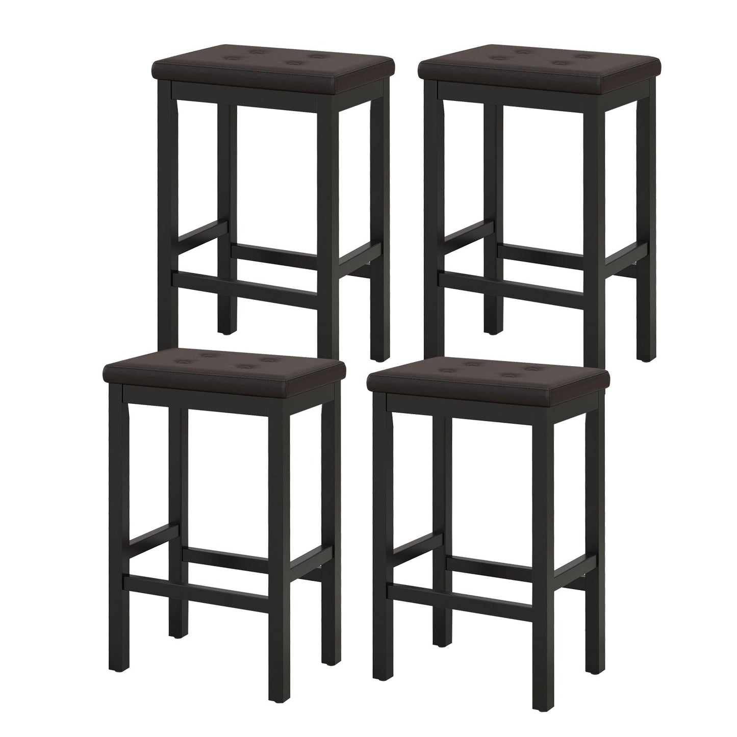Set of 2 Bar Stools with Padded Seat and Footrest-Brown