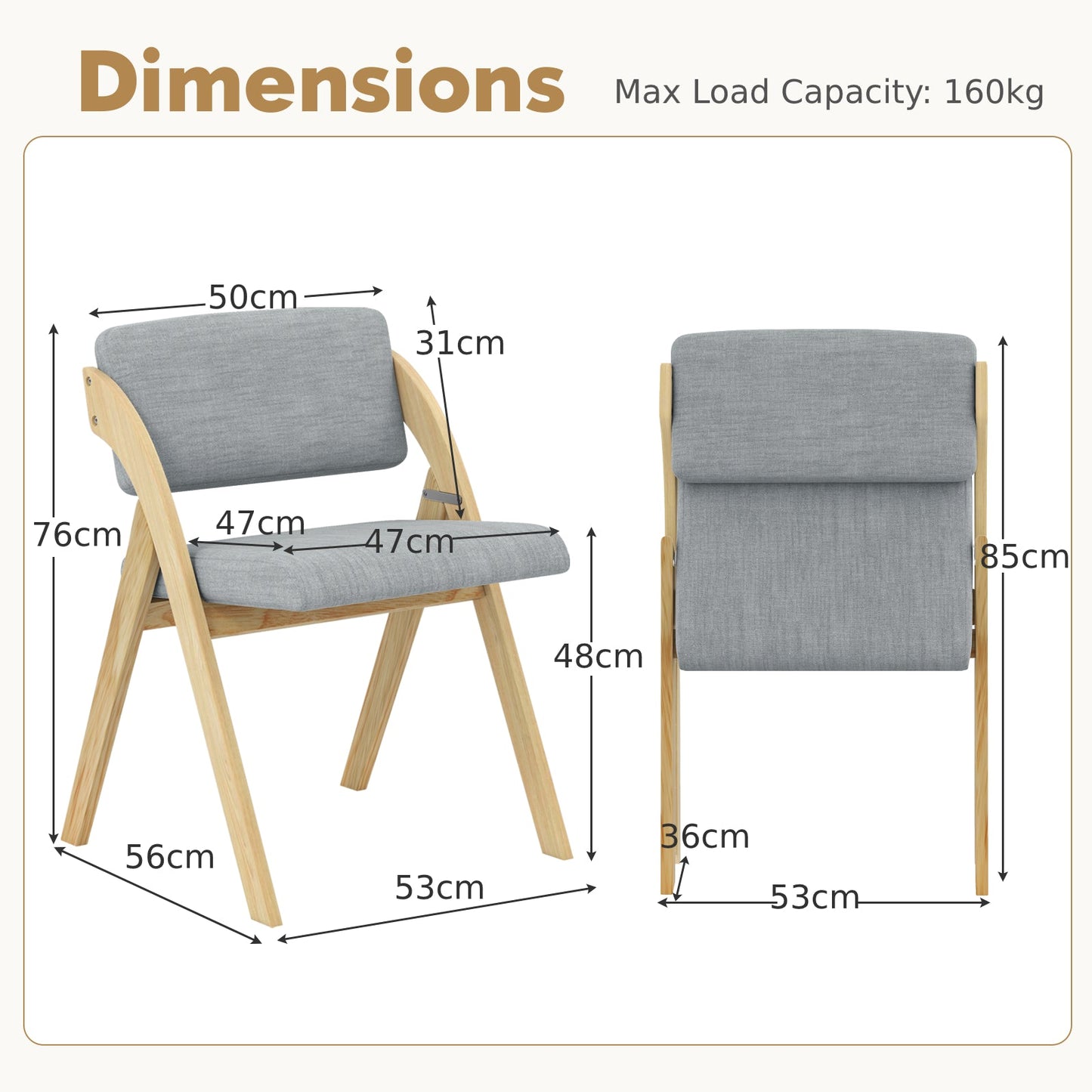 Set of 2 Dining Chairs Folding Kitchen Chair with Rubber Wood Legs-Grey
