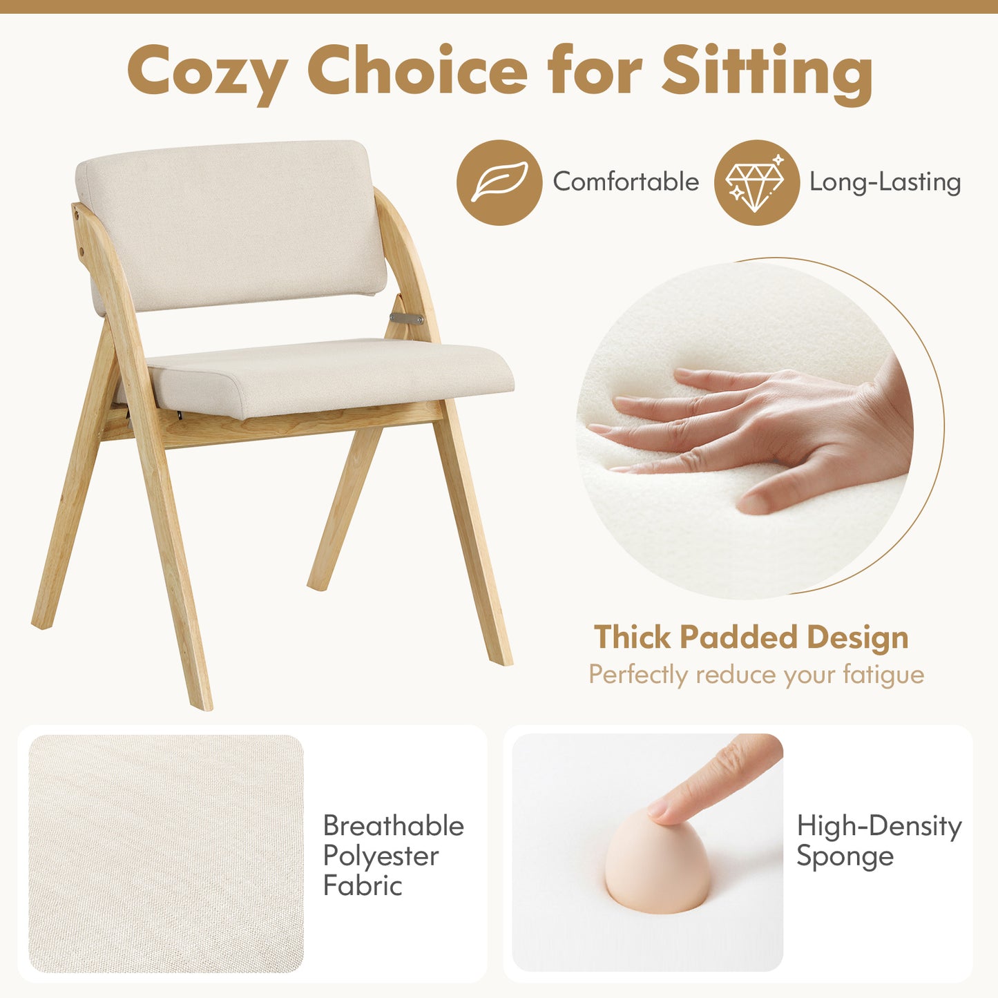 Set of 2 Dining Chairs Folding Kitchen Chair with Rubber Wood Legs-Natural