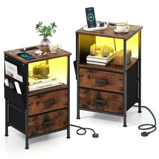 Set of 2 End Tables with Charging Station and 2 Folding Fabric Drawers-Rustic Brown