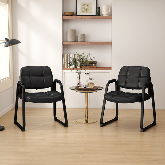 Set of 2 Ergonomic Reception Chair with Metal Frame and Padded Armrests-Black