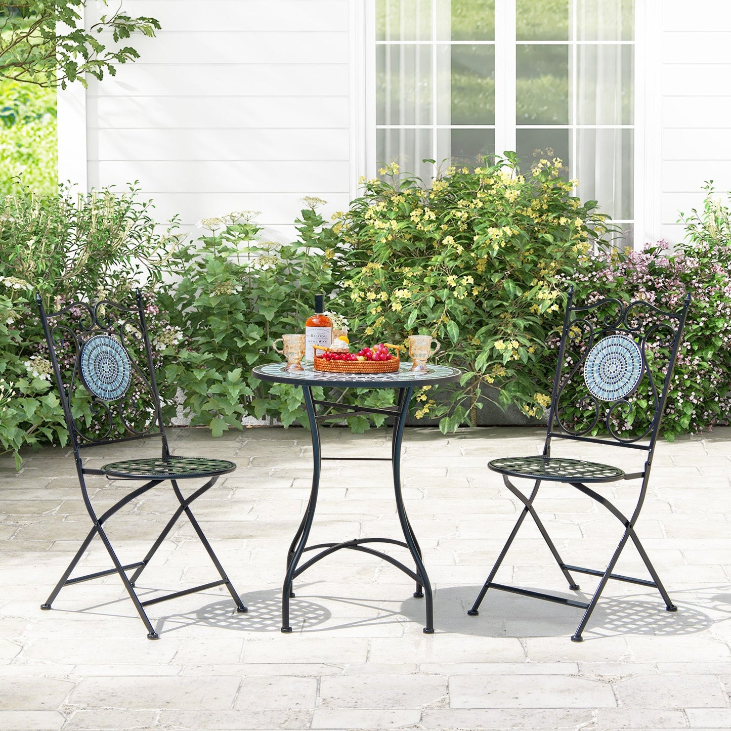 Mosaic Chairs Set of 2 Patio Metal Folding Chair with Decorative Backrest